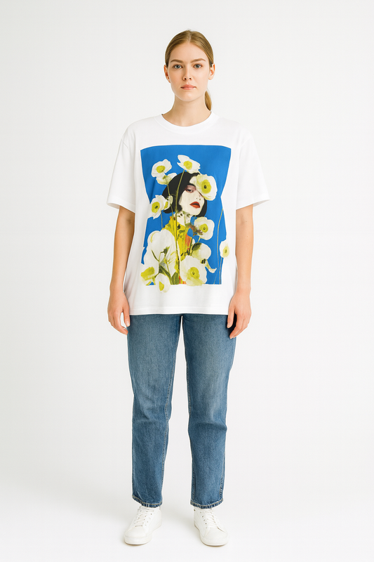 Çiçekli Kız Baskılı T-shirt