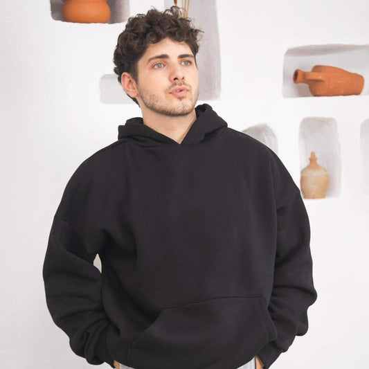 Düz Kapüşonlu Sweatshirt - Siyah