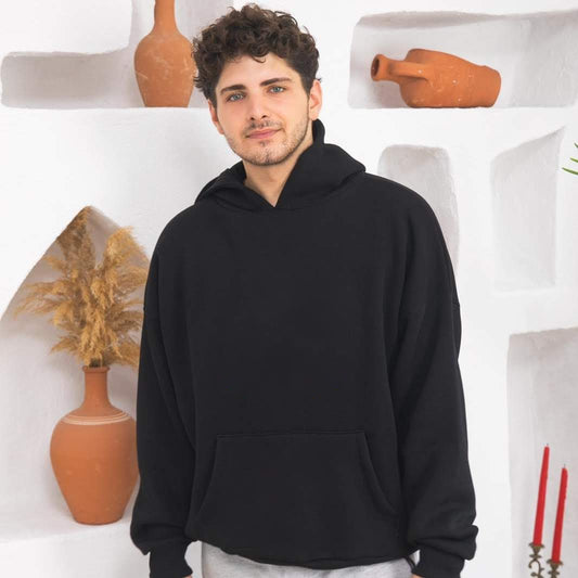 Düz Kapüşonlu Sweatshirt - Siyah